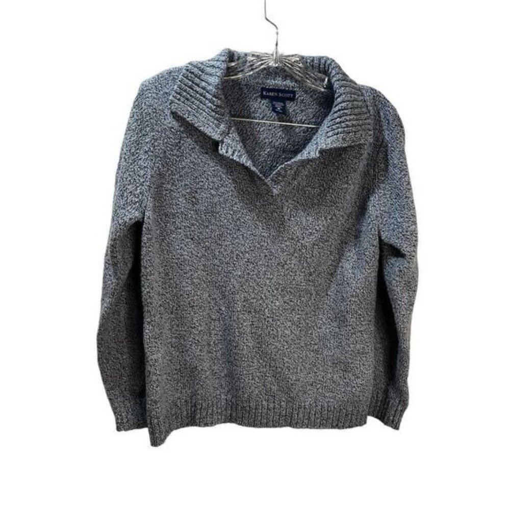 Karen Scott Gray Knit Wool Sweater Long Sleeve Collared Medium